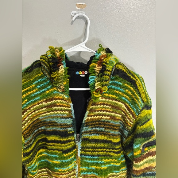 100% Wool Jacket Chunky Pixie Hood Knit Unisex Boho Fleece Lined Warm Cardigan - Picture 10 of 11